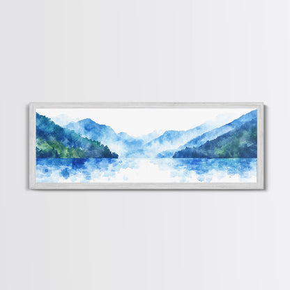 Reflections - Foggy Mountain Morning - Watercolor Painting Print - Wood Framed Wall Art - Panoramic Painting
