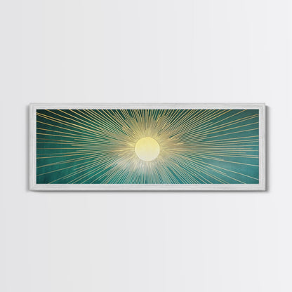 Eclectic Art Deco Sunburst Framed Canvas Print, Boho Style Wall Art, Emerald Green and Gold Extra Wide Art