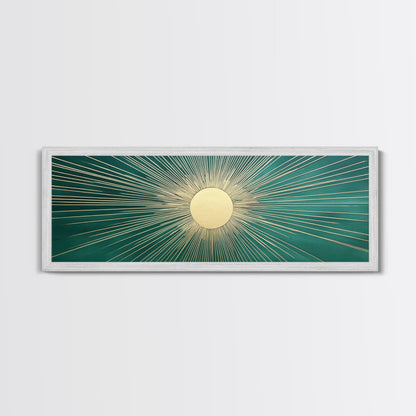 Emerald Green Sun Burst Wall Art, Art Deco Retro Vibes, Eclectic Home Decor, Emerand Green and Gold Horizontal Framed Canvas