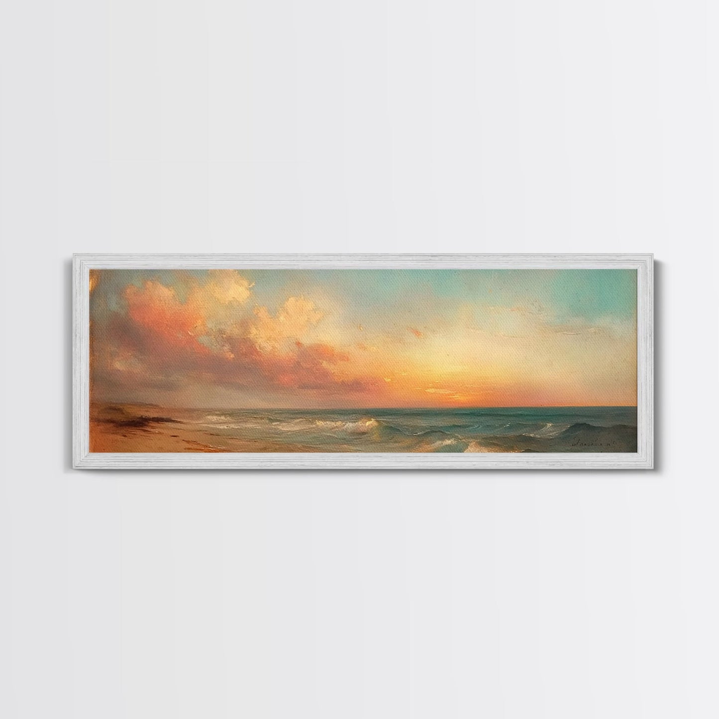 Moody Beach Seascape Painting Print, Wood Framed Wall Art, Canvas Art, Beach Painting, Beach at Sunset, Above Sofa Boho Wall Decor