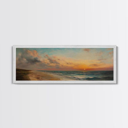 Muted Beach Framed Oil Painting Canvas Print, Minimalist Coastal Decor, Seascape Painting, Long / Horizontal Beach Wall Art, Panoramic Art