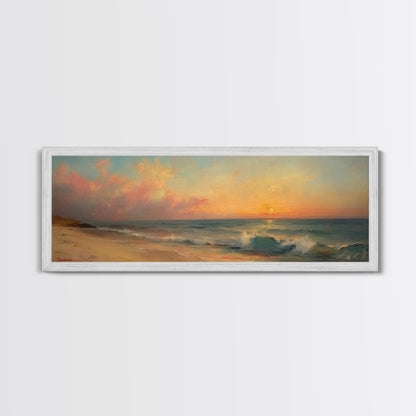 Ocean Waves Crash Into a Hidden Beach at Sunset, Framed Canvas Print, Panoramic Boho Seascape Painting