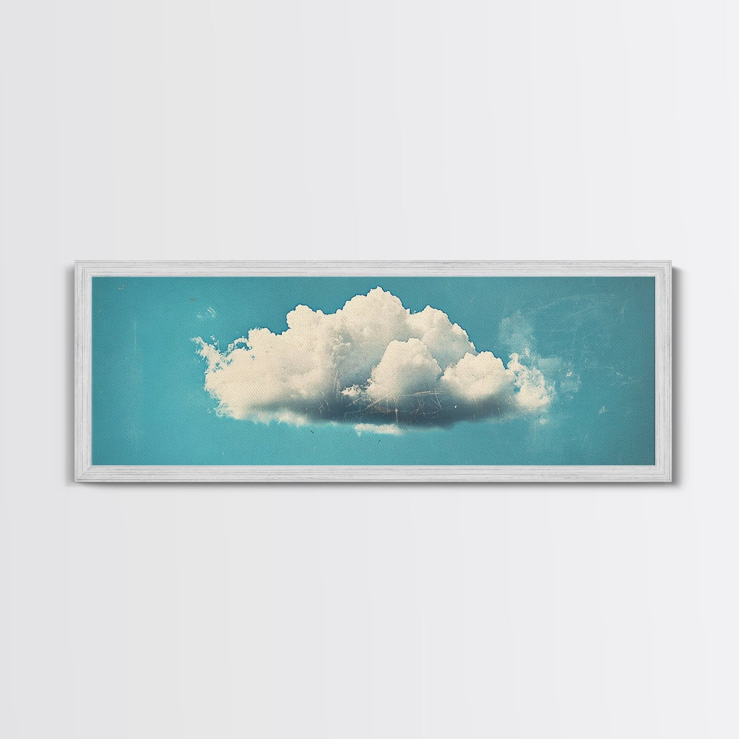 Framed Canvas Art, Sky Blue, Navy Blue Lonely Cloud Art, Minimalist Art Print, Panoramic Extra Wide Horizontal Art, Lonely Cloud