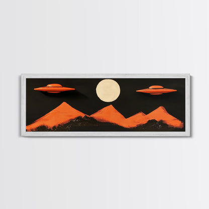 Orange Flying Saucers - UFO Art - Panoramic Print - Cute Alien Art - Nursery Decor