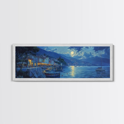Fishing Village at Midnight Under a Full Moon, Framed Canvas Print, Panoramic Wall Art, Eclectic Boho Home Decor, Wide Oversized Wall Art