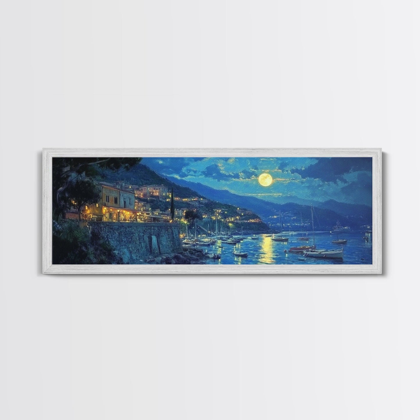 Greece at Midnight - Framed Canvas Print - Greek Fishing Village Under a Full Moon - Boho Wall Art - Moody Landscape Painting