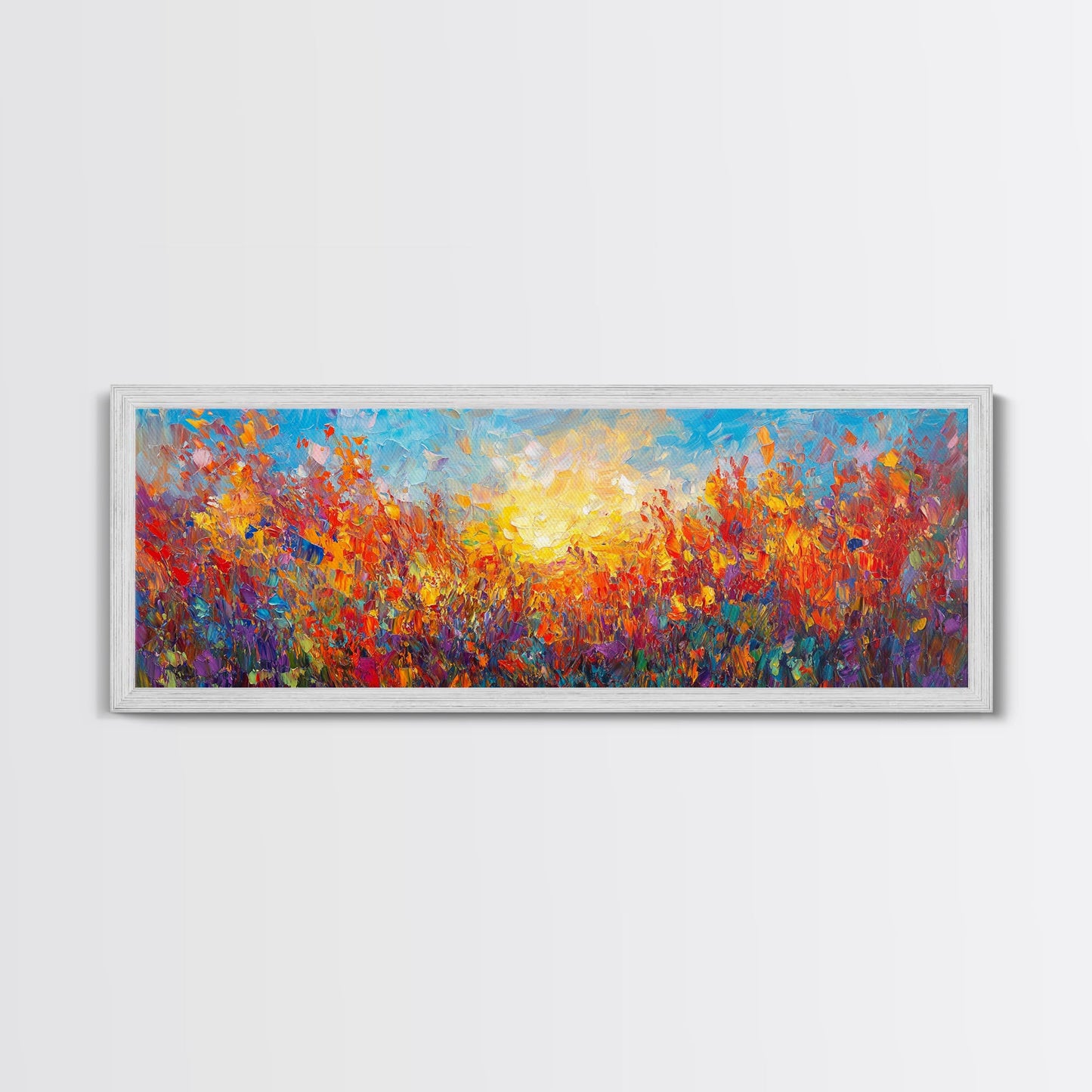 Original Wildflower Painting Print, Panoramic Extra Wide Wall Art, Floral Landscape Custom Rustic Home Decor, Sunset Through The Flowers