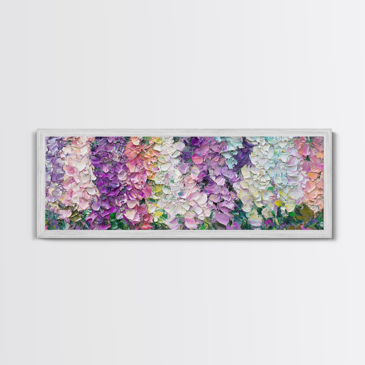 White, Pink and Purple Wild Flowers, Framed Canvas Print, Floral Oil Painting, Abstract Flower Painting, Panoramic Oversized Wall Art