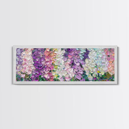 White, Pink and Purple Wild Flowers, Framed Canvas Print, Floral Oil Painting, Abstract Flower Painting, Panoramic Oversized Wall Art