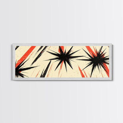 Flashes and Light - Framed Canvas Print - Mid-century Modern Rocket Age Inspired Wall Art - Black Stars with Red Streaks