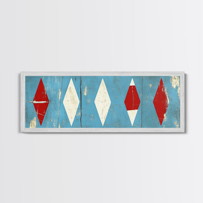Red & White Diamonds - Framed Canvas Print - Rustic / Distressed MCM Mashup Home Decor - Turquoise Background