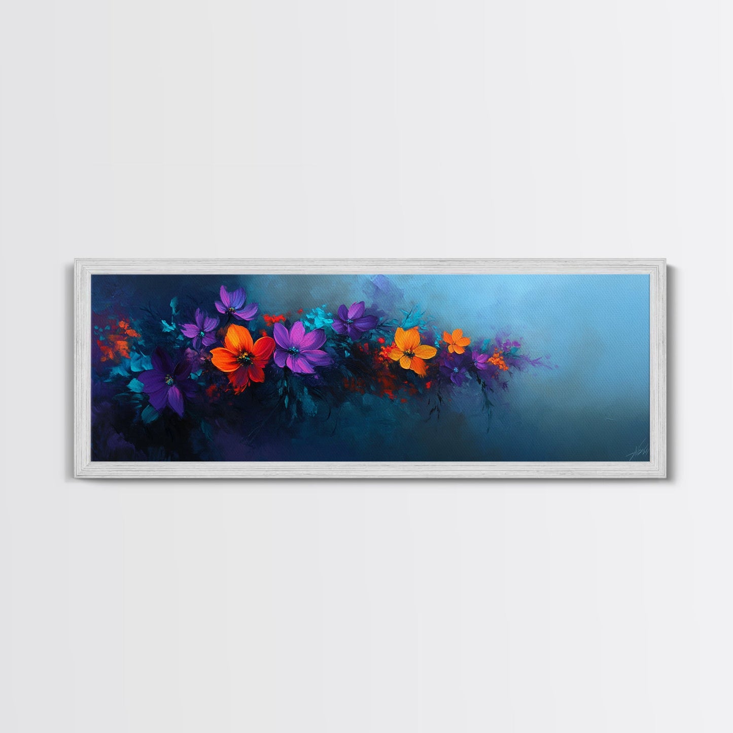 Purple and Orange Flowers on Navy Blue Background, Panoramic Framed Canvas Art, Oil Painting Print, Boho Style Wall Art, Dark Home Decor, Moody Art