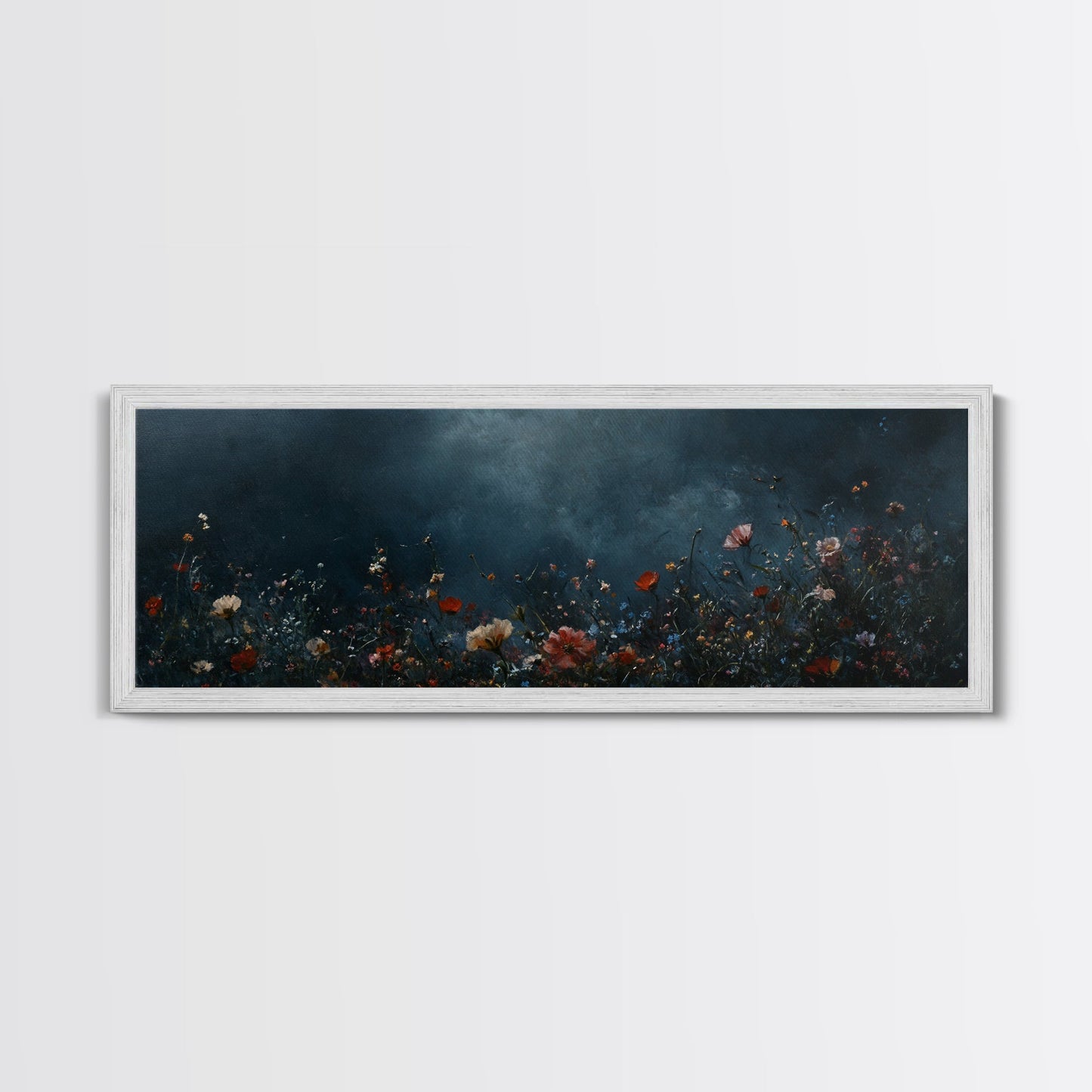 Dark & Moody Wild Flowers At Night, Framed Canvas Print, Panoramic Thought Provoking Wall Art, Above Bed Art, Dark Floral Painting