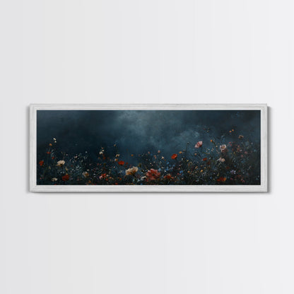 Dark & Moody Wild Flowers At Night, Framed Canvas Print, Panoramic Thought Provoking Wall Art, Above Bed Art, Dark Floral Painting