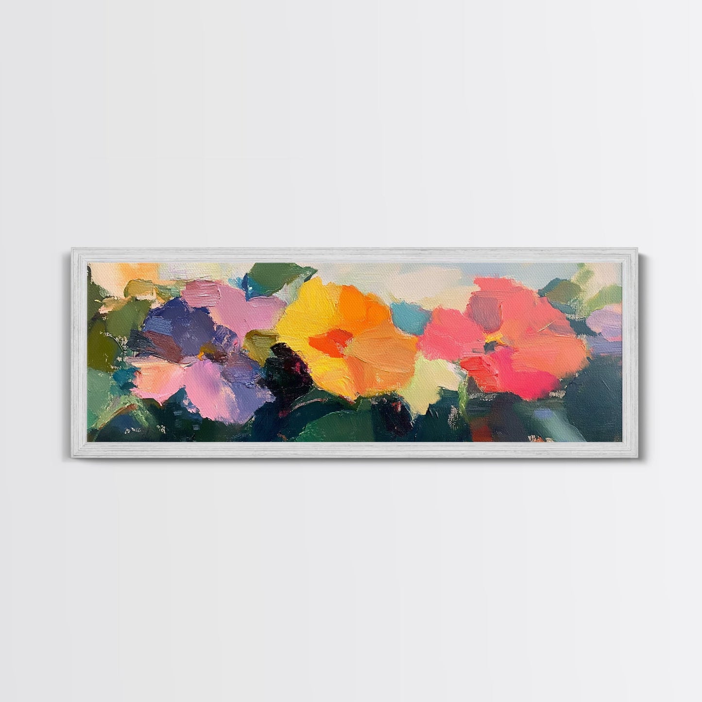Abstract Flowers Panoramic Painting Print, Oil Painting Wood Framed Canvas Print, Boho Modern Art, Modern Farmhouse Decor