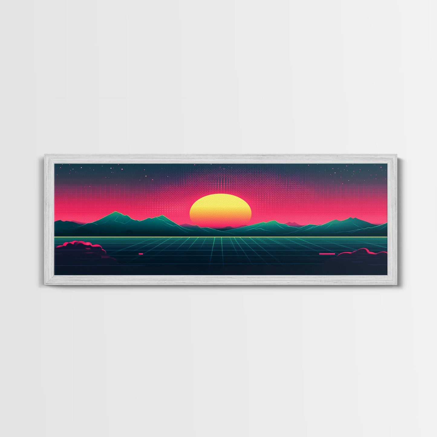 Synthwave Sunset Over The Mountains, Wireframe Art, Framed Canvas Print, Wire Frame Retro 1980s Style Wall Art