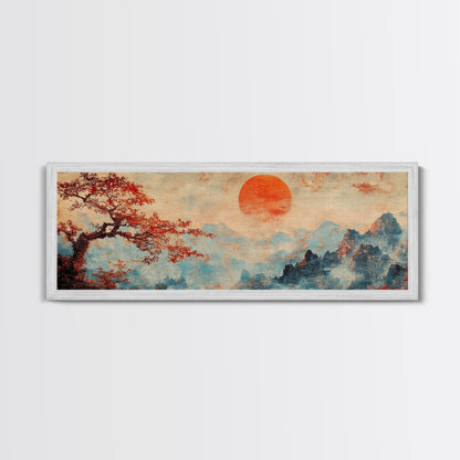 Japanese Maple Tree at Sunset, Vintage Japanese Inspired Woodblock Print Canvas Art, Retro Japanese Art