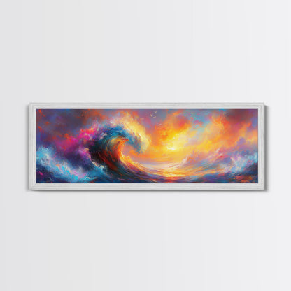 Oil Painting Print of Rainbow Ocean Waves, Retro Farmhouse Beach House Decor, Panoramic Extra Wide Wall Art