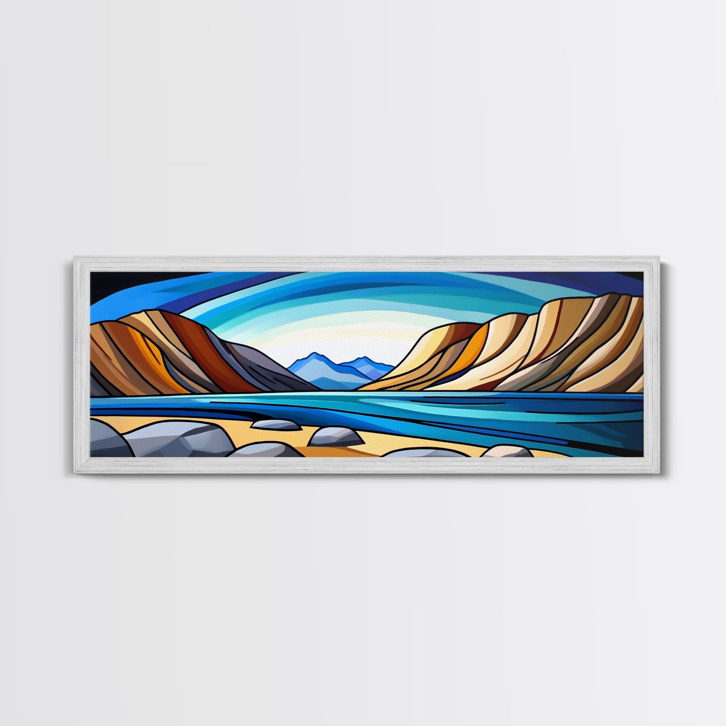 Retro Art Deco Landscape Print, Stained Glass Style Landscape Painting, Wood Framed Wall Art, Horizontal Art, Ultra Wide Panoramic Art