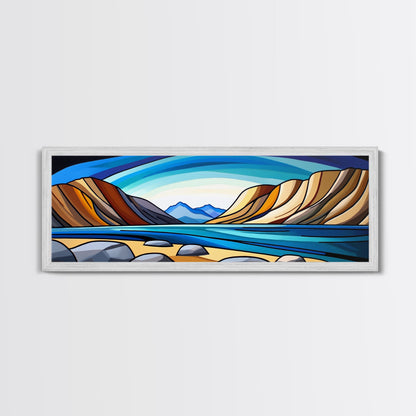 Retro Art Deco Landscape Print, Stained Glass Style Landscape Painting, Wood Framed Wall Art, Horizontal Art, Ultra Wide Panoramic Art