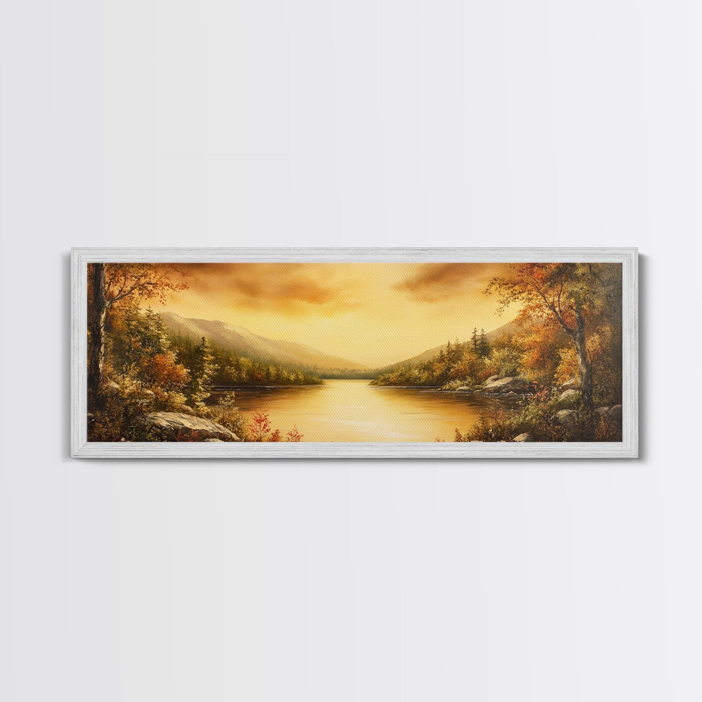 Sunset Over The Lake, Framed Canvas Print, Ultra Wide Wall Art, Panoramic Painting, Above Sofa Or Bed Wall Art, Home Decor, Calm Wall Art