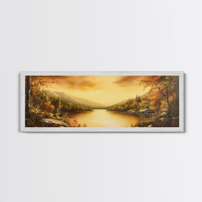 Sunset Over The Lake, Framed Canvas Print, Ultra Wide Wall Art, Panoramic Painting, Above Sofa Or Bed Wall Art, Home Decor, Calm Wall Art