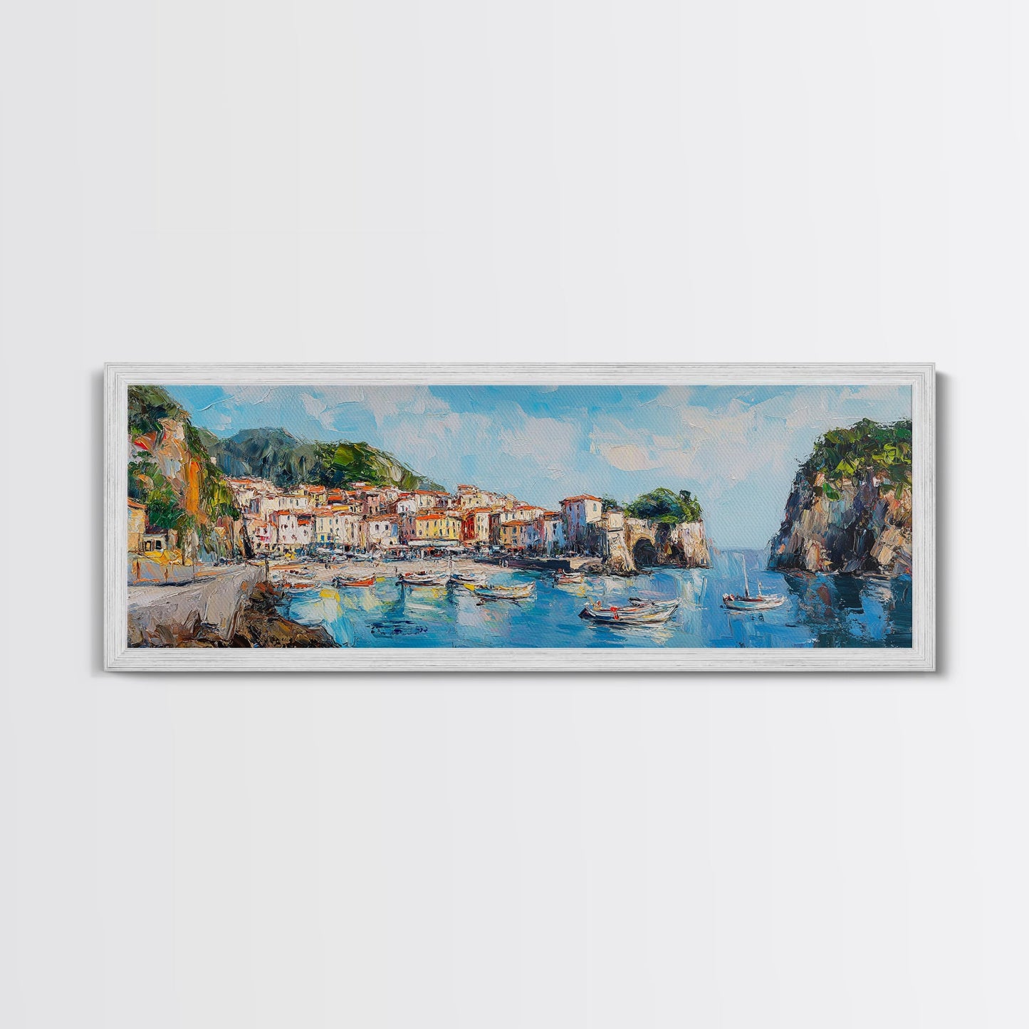 Muted Italian Fishing Village Painting Print, Boho Wall Art, Minimalist Style Panoramic Painting, Extra Large Oversized Wall Art, Home Decor / Gift Idea