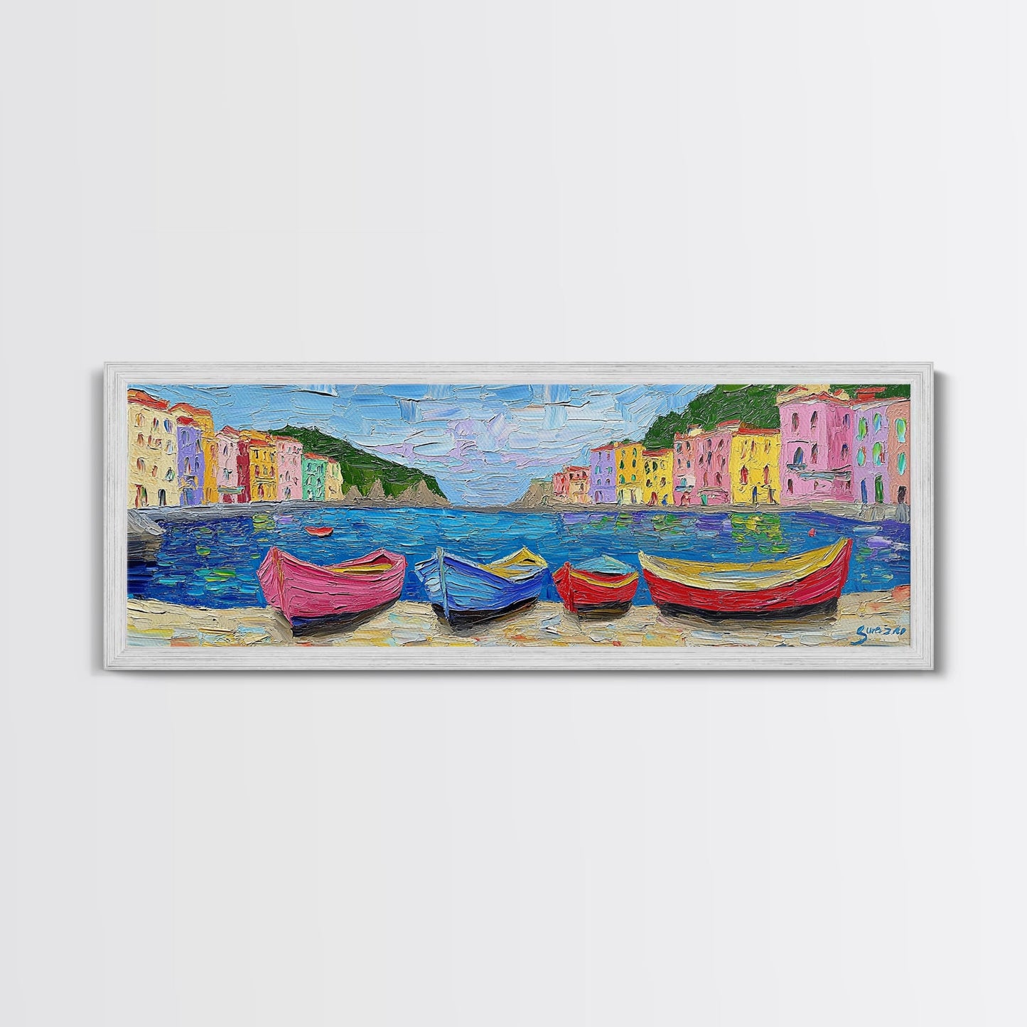 Pastel Row Boats in an Italian Fishing Village, Framed Canvas Print, Original Artwork, Retro Italy Painting, Impasto Style Print