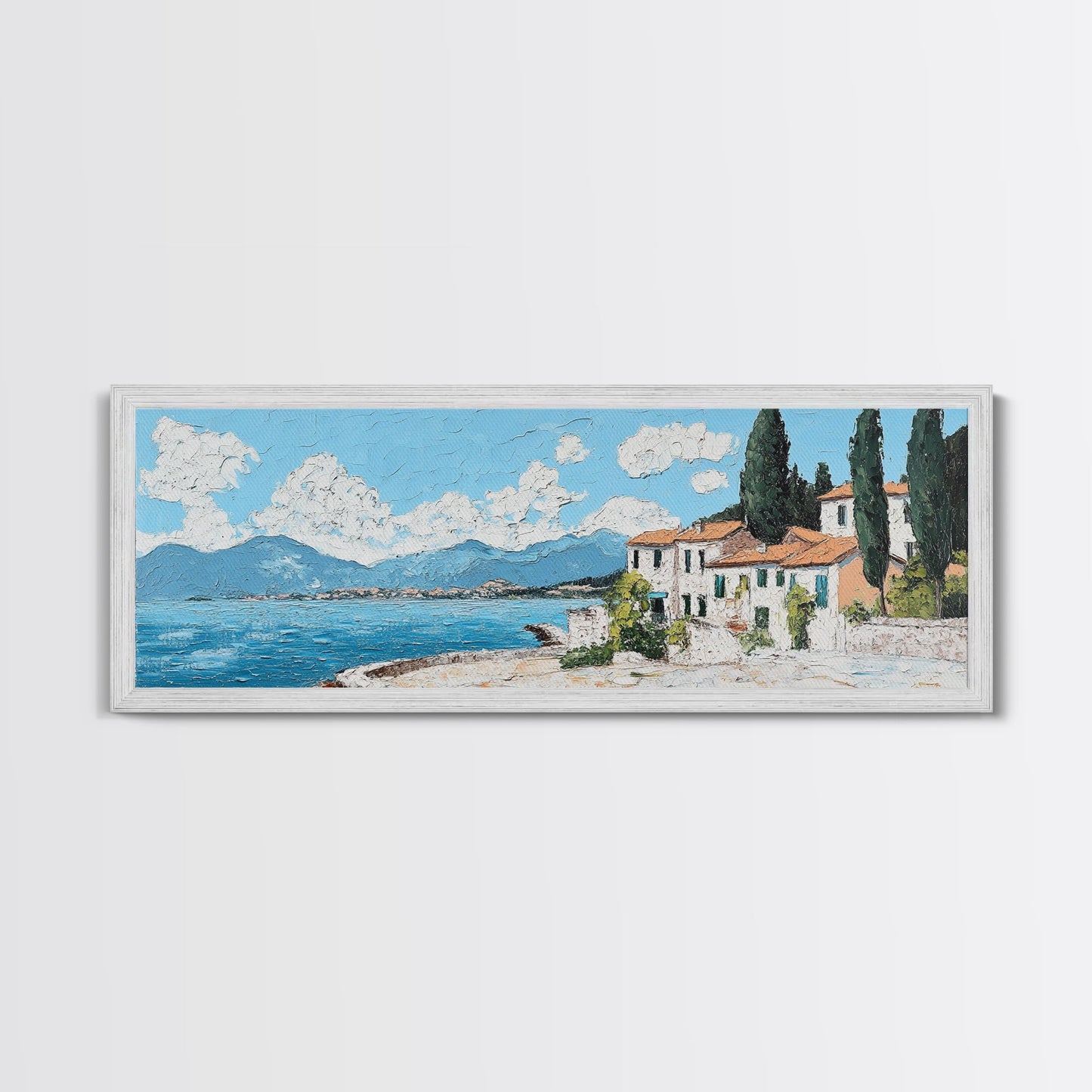 Impressionist Painting of an Italian Seaside Villa, Framed Canvas Print, Italy Village Decor, Ulta Wide Panoramic Landscape Painting