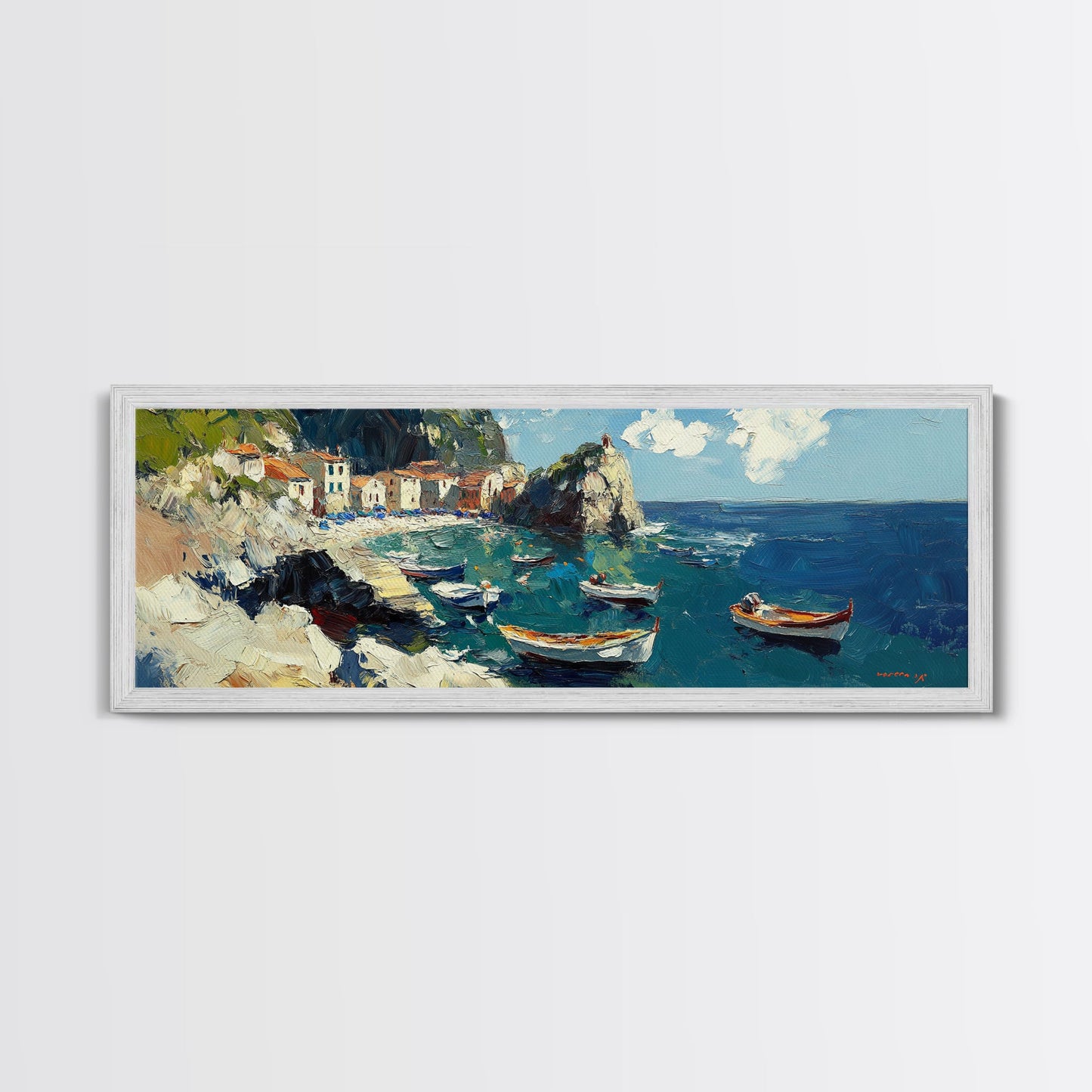 Italian Fishing Village, Vintage Style Canvas Print, Wood Framed Panoramic Wall Art, Italy Vacation Gift, Travel Gift Idea, Impressonist Seascape