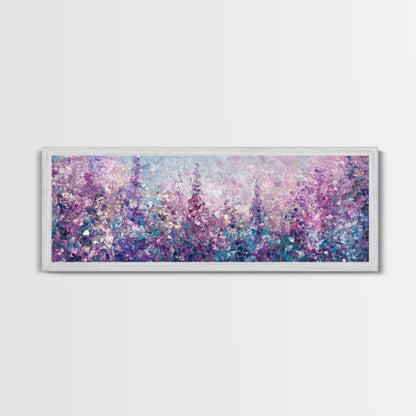 Purple Flower Painting, Lavender and Lilacs, Framed Canvas Print, Boho Style Panoramic Painting Wall Art, Purple and Blue Flowers