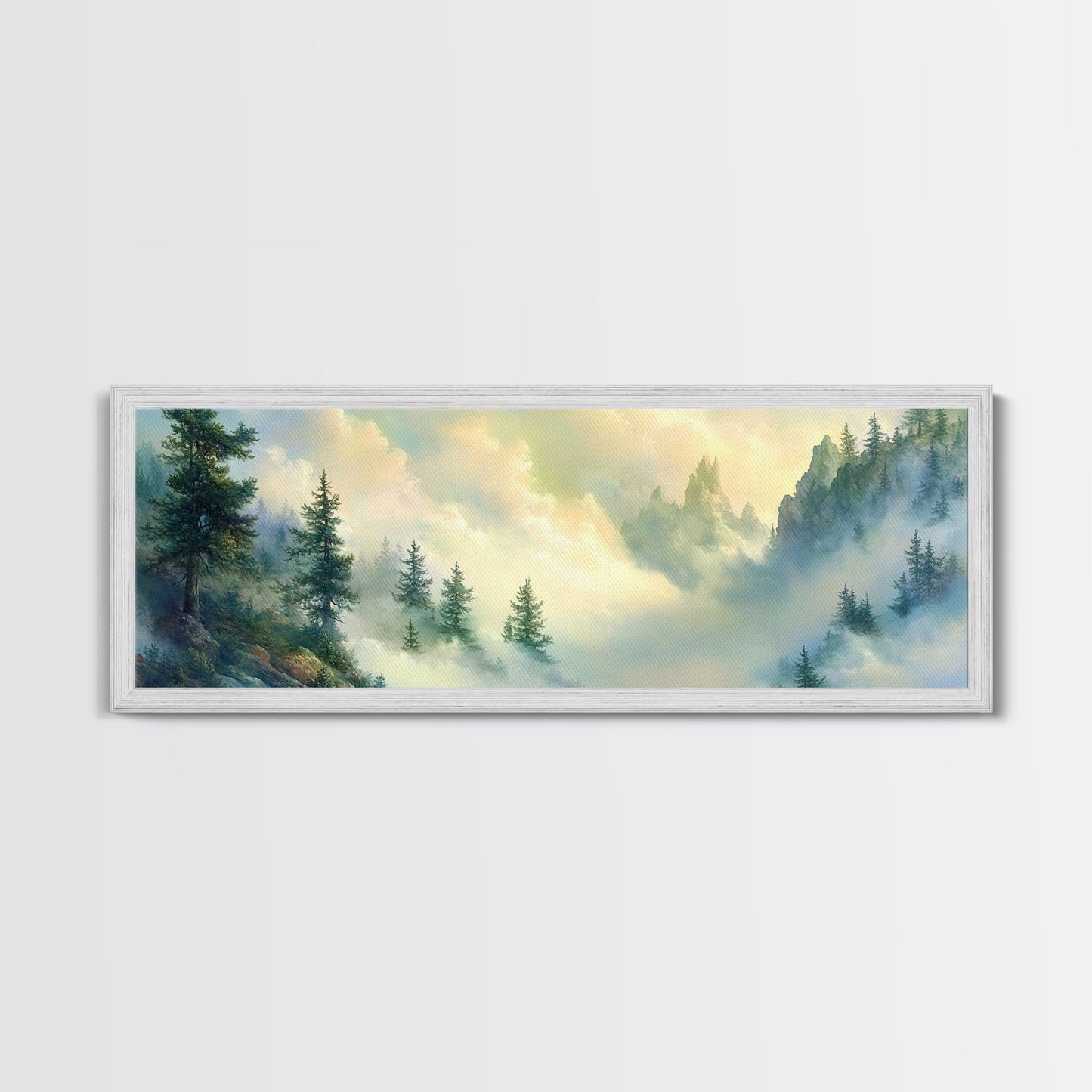 Fog In The Mountains - Framed Canvas Print - Panoramic North Carolina Painting - Blue Ridge Mountains - Original Painting Home Decor - Moody Art