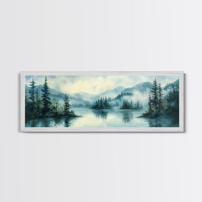 Fog Over The Lake Panoramic Painting Print - Rustic Decor - Panoramic Ultra Wide Wall Art For Above Bed or Sofa - Moody Decor