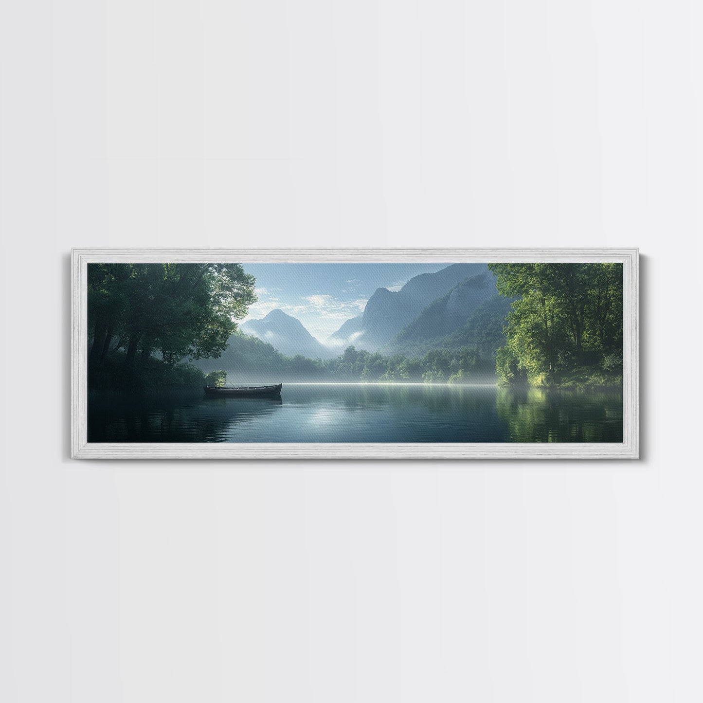 Canoe On The Lake, Framed Canvas Print, Moody Landscape Painting, Realism, Original Artwork, Rustic Lakehouse Decor, Oversized Wall Art