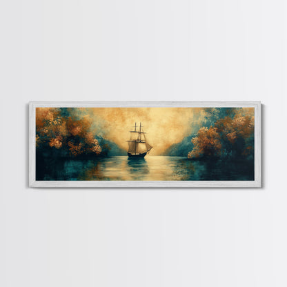 Pirate Ship In The Bay, Fantasy Painting Print, Wood Framed Wall Art, Boy's Room Decor Idea, Gift Idea, Man Cave Wall Art