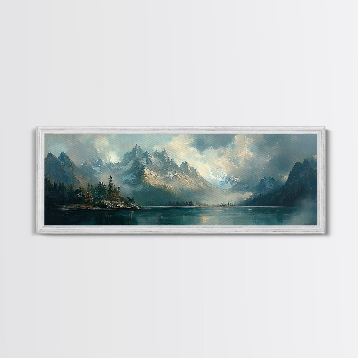 Moody Landscape Painting Print, Overcast Stormy Day In The Mountains, Thought Provoking Wall Art, Oversized Panoramic Ultra Wide Art