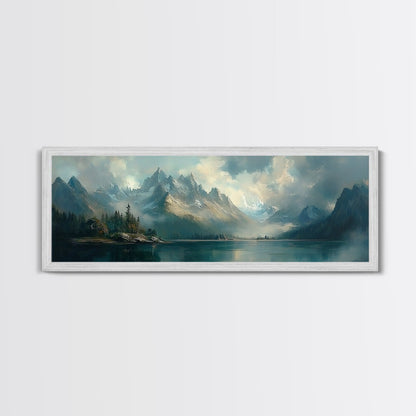 Moody Landscape Painting Print, Overcast Stormy Day In The Mountains, Thought Provoking Wall Art, Oversized Panoramic Ultra Wide Art