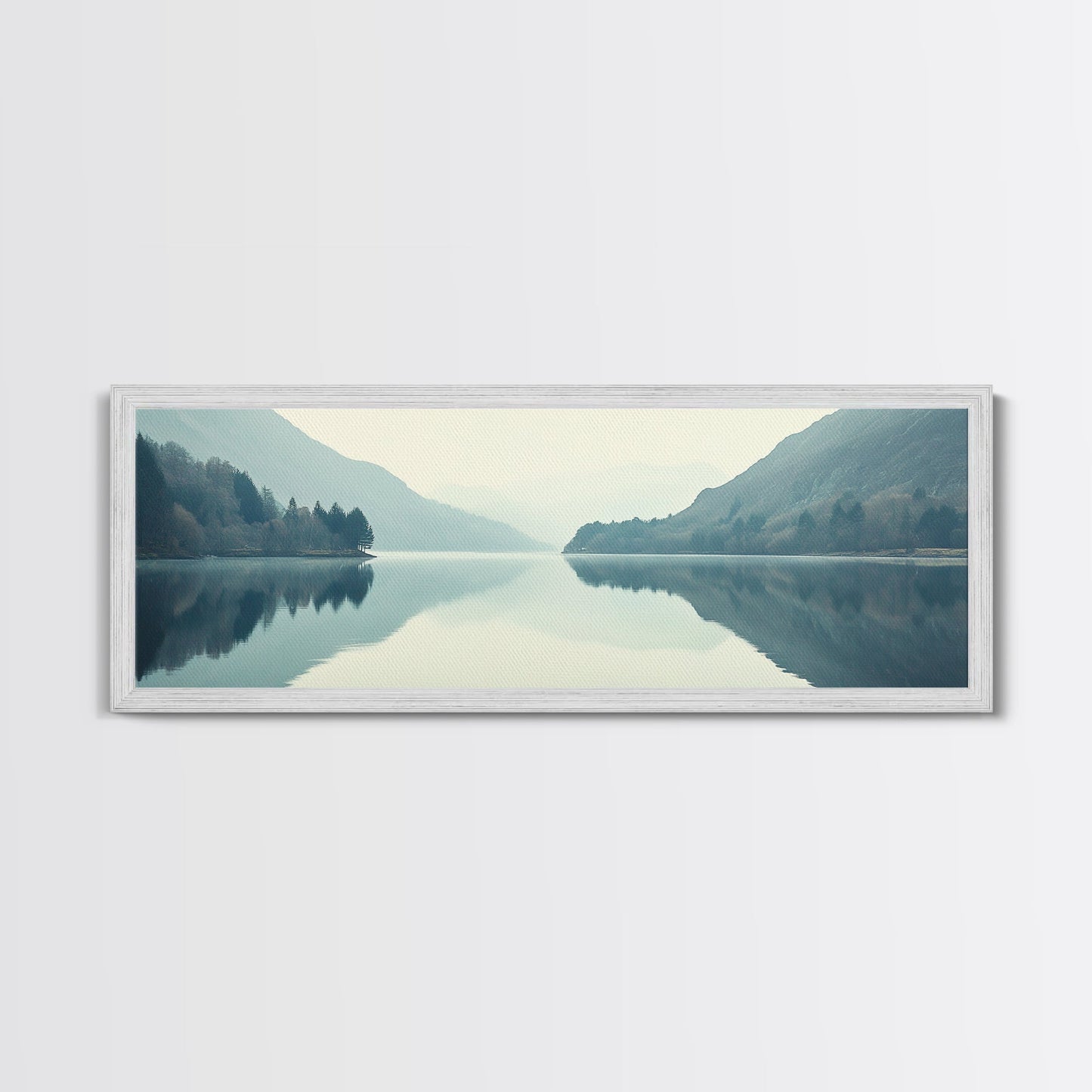 Reflections on an Overcast Day, Framed Canvas Print, Moody Decor, Foggy Landscape Painting, Panoramic Wall Art