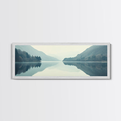 Reflections on an Overcast Day, Framed Canvas Print, Moody Decor, Foggy Landscape Painting, Panoramic Wall Art