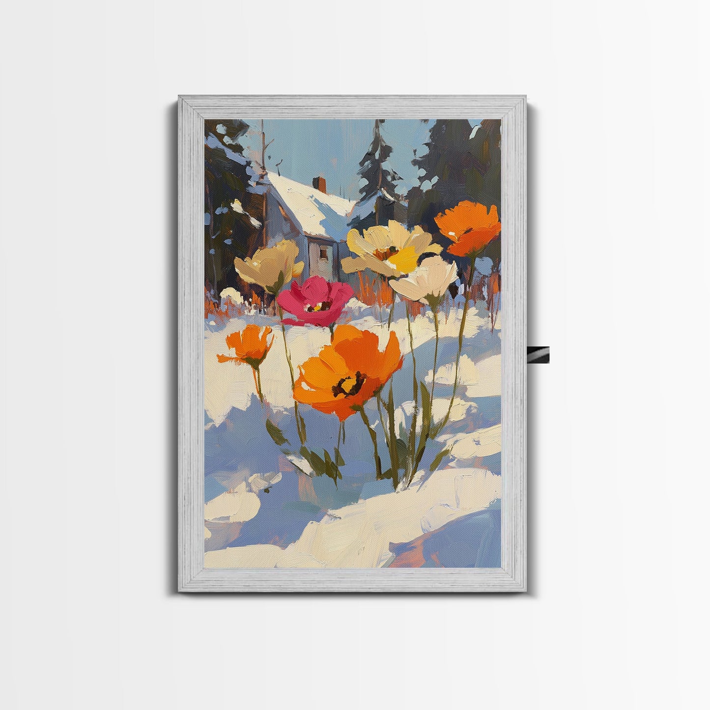 Wild Flowers In The Snow, Framed Canvas Print, Original Floral Painting Print, Modern Wall Art, Modern Custom Art, Winter Art