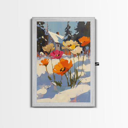 Wild Flowers In The Snow, Framed Canvas Print, Original Floral Painting Print, Modern Wall Art, Modern Custom Art, Winter Art