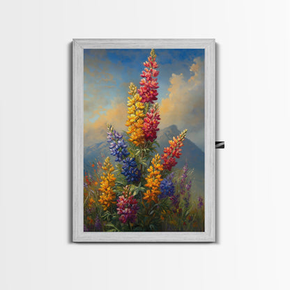 Vintage Style Canvas Print Oil Painting of Wild Flowers On A Mountain Landscape, Framed Canvas, Antique Style Wall Art, Painting of Flowers