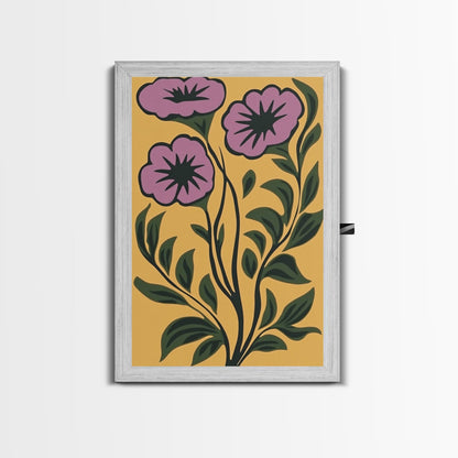 Framed Canvas Canvas Wall Art Mid-Century Modern Boho Flower Print, Purple and Yellow Wall Art, Modern Art Boho Home Decor, Minimalist