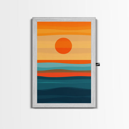 Sunset Over The Ocean Minimalist Print, Vertical Sea Sun Framed Canvas, Waves Line Art, Blue and Orange Sunset Beach House Painting