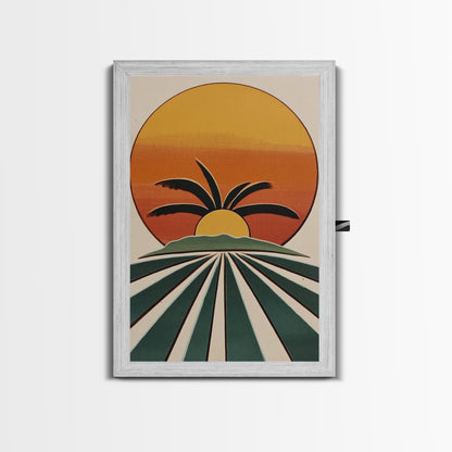 Palm Tree Sunset, Wood Framed Wall Art, Canvas Print, Boho Home Decor, Retro Style Modern Art