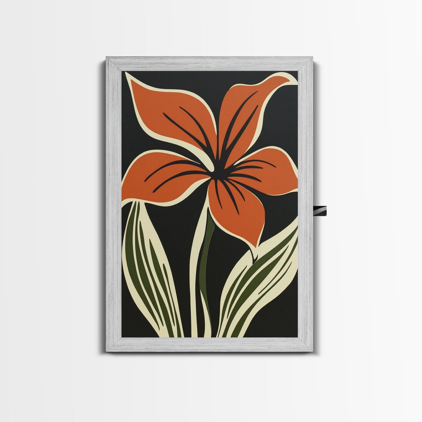 Orange Flower on Black Background, MCM Style Art, Framed Canvas Print