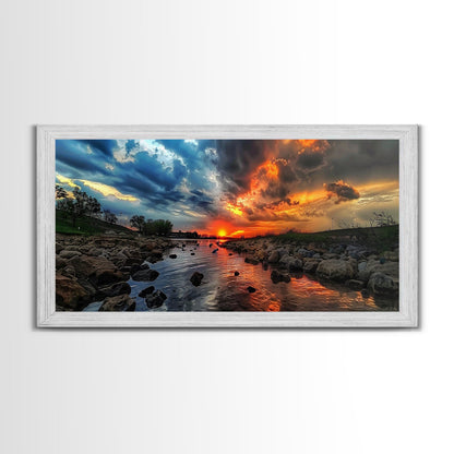 Sunset Over A Rocky River, Framed Canvas Print, Landscape Photography Style Wall Art, Beautiful Home Decor
