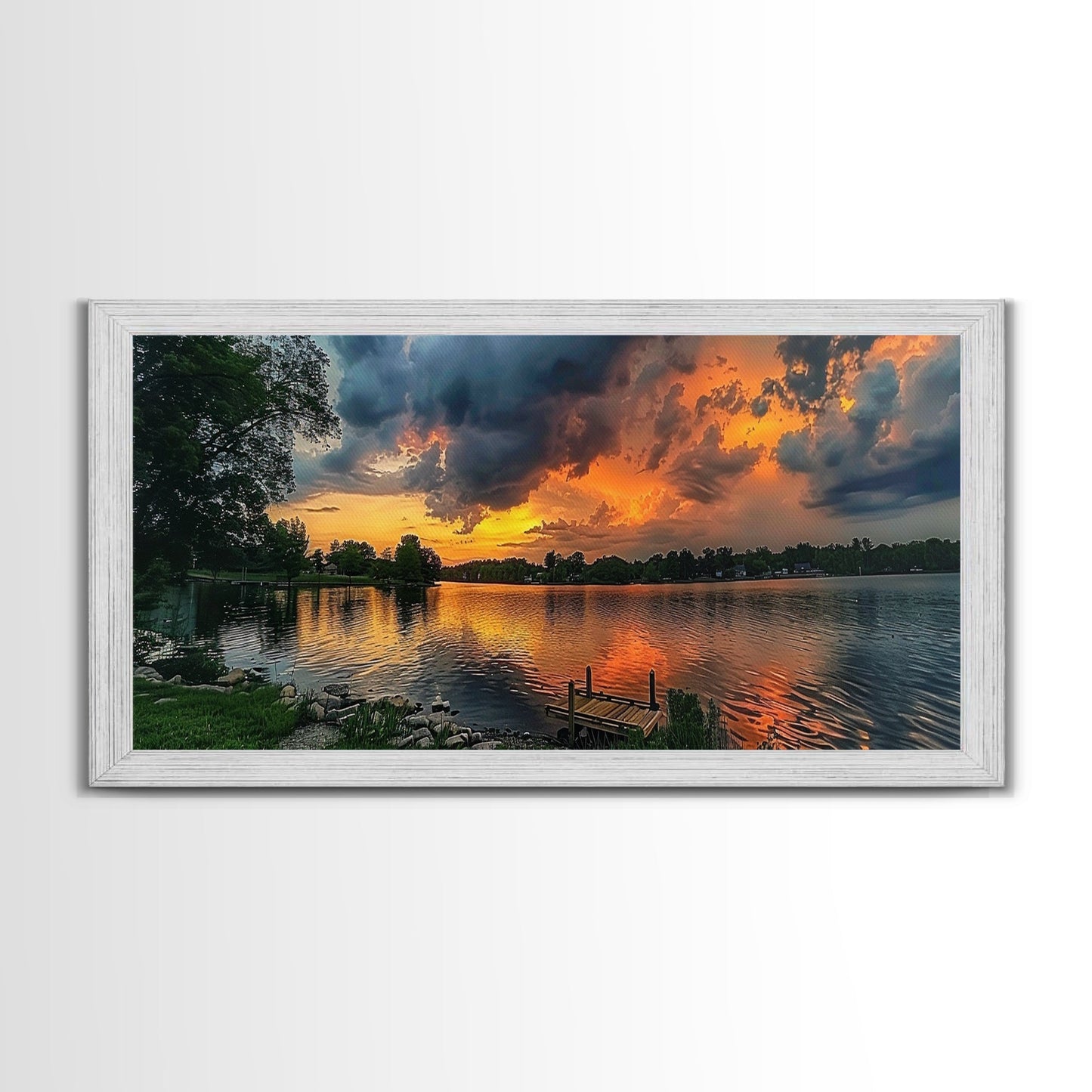 Sunset On The Lake Framed Canvas Print, Lakehouse Decor, Rustic Modern Farmhouse Wall Art, Photography Style Landscape Art