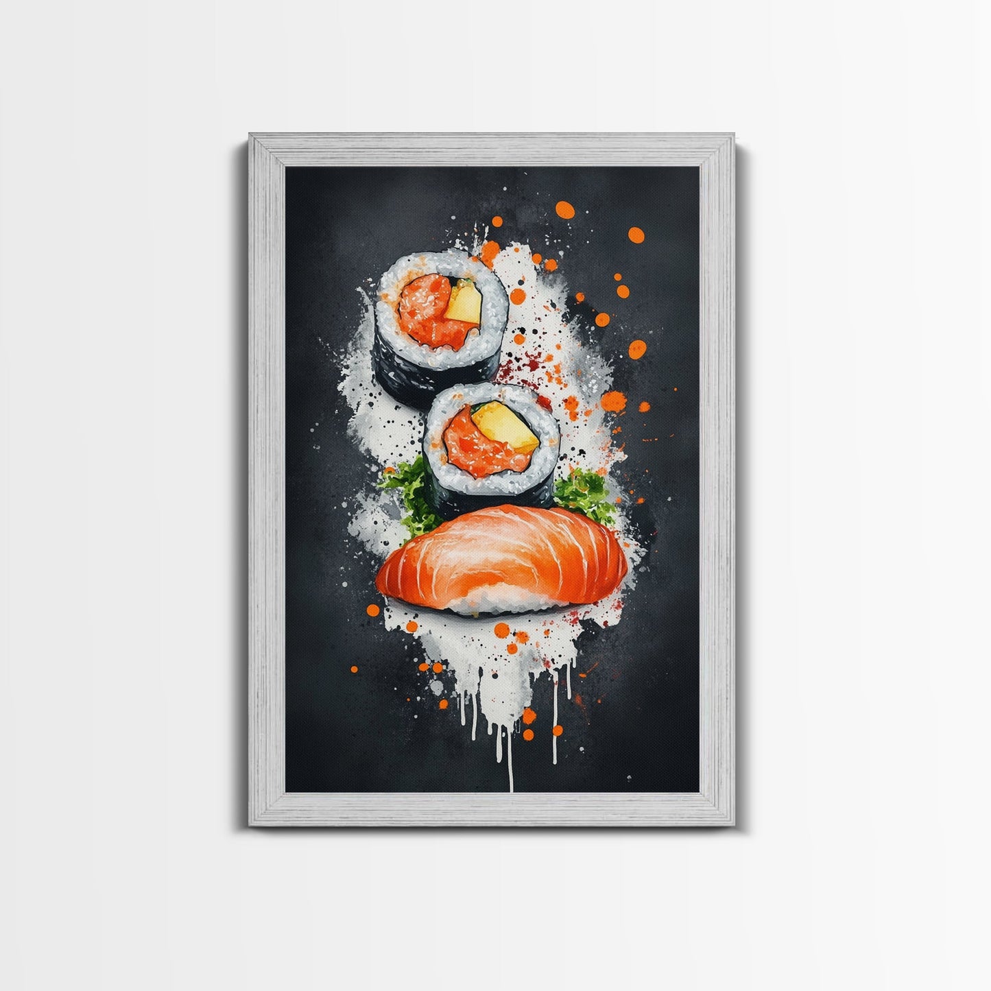 Abstract Oil Painting Canvas Print of Sushi on Black background, Food Review Kitchen Art, Kitchen Decor, Wabi Sabi Wall Art, Sushi Painting