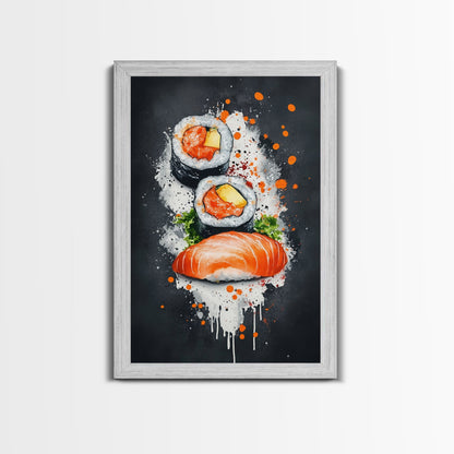Abstract Oil Painting Canvas Print of Sushi on Black background, Food Review Kitchen Art, Kitchen Decor, Wabi Sabi Wall Art, Sushi Painting